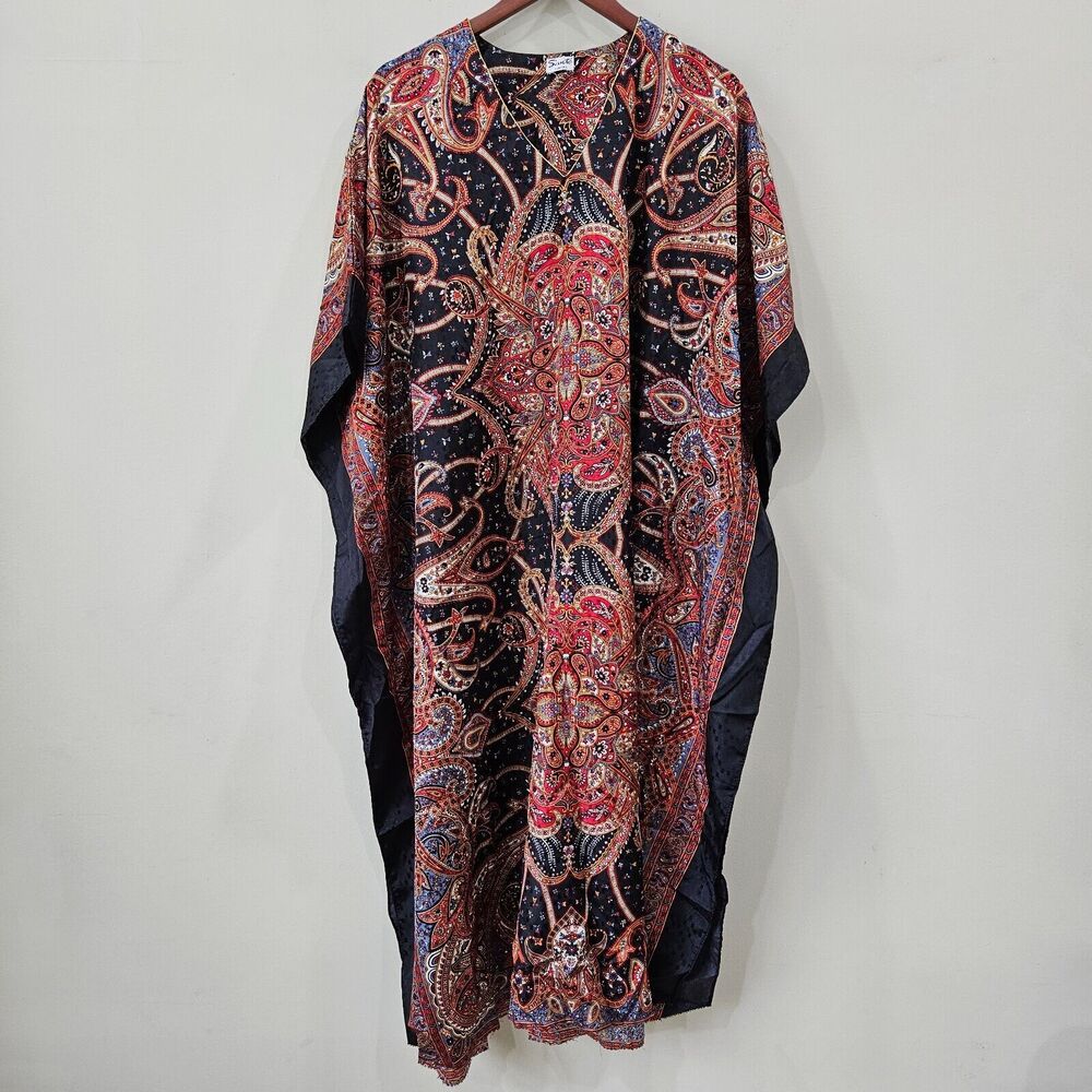 Sante Womens Paisley Caftan Mumu Long Lounger Flowy OS Black Cover Up Feminine